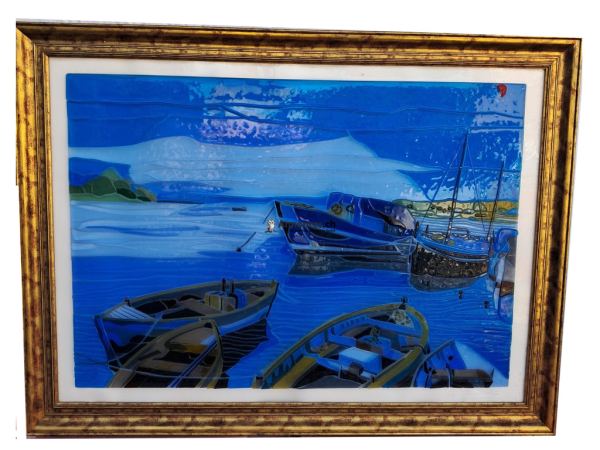 Vitrail d'Art en relief : "Le Port aux Reflets Azurés" par Maître Verrier Daniel Dechambenoy